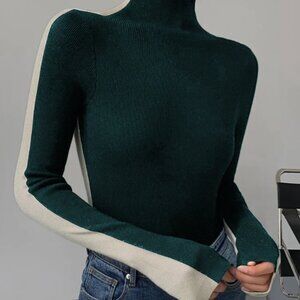 Commense Two Tone Double Sided Long Sleeve Knit Top Dark Green
